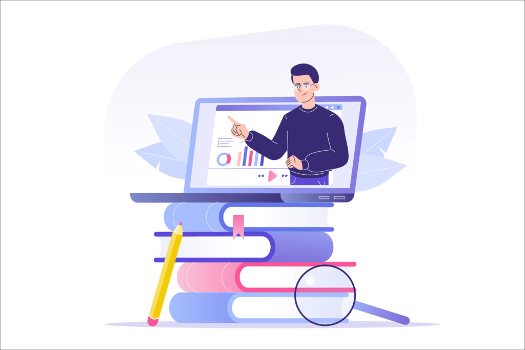 Online education or business training concept. Online man mentor on laptop with books. Distance education during coronavirus quarantine. Webinar or video seminar. E learning. Vector illustration