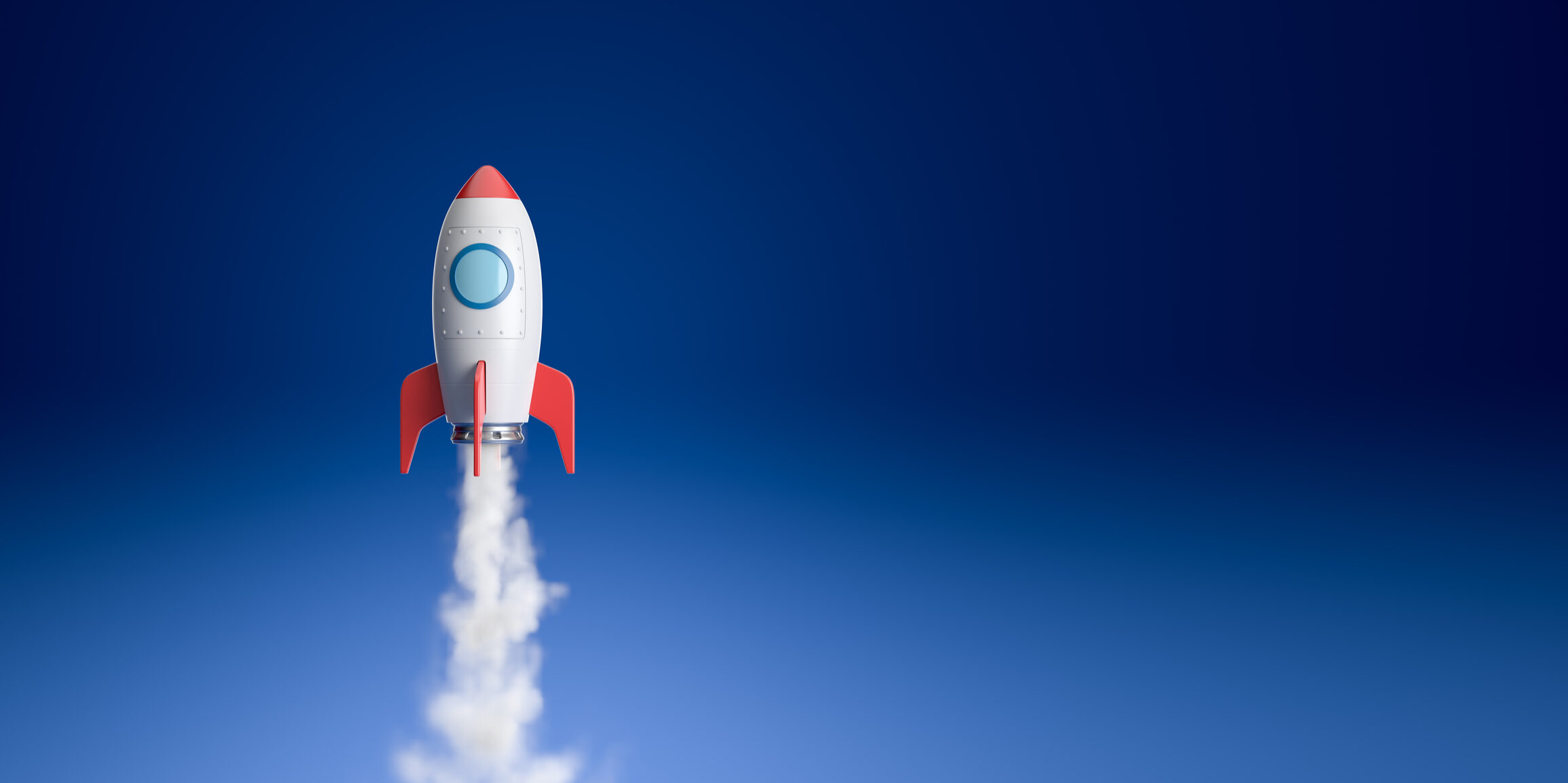 Red and White Cartoon Spaceship Flying on Blue Background with Copy Space 3D Illustration