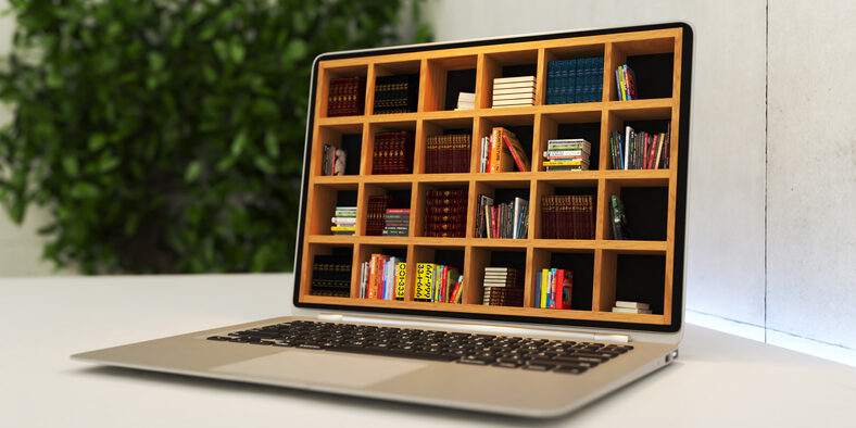 Laptop with online library deep of field realistic 3D rendering