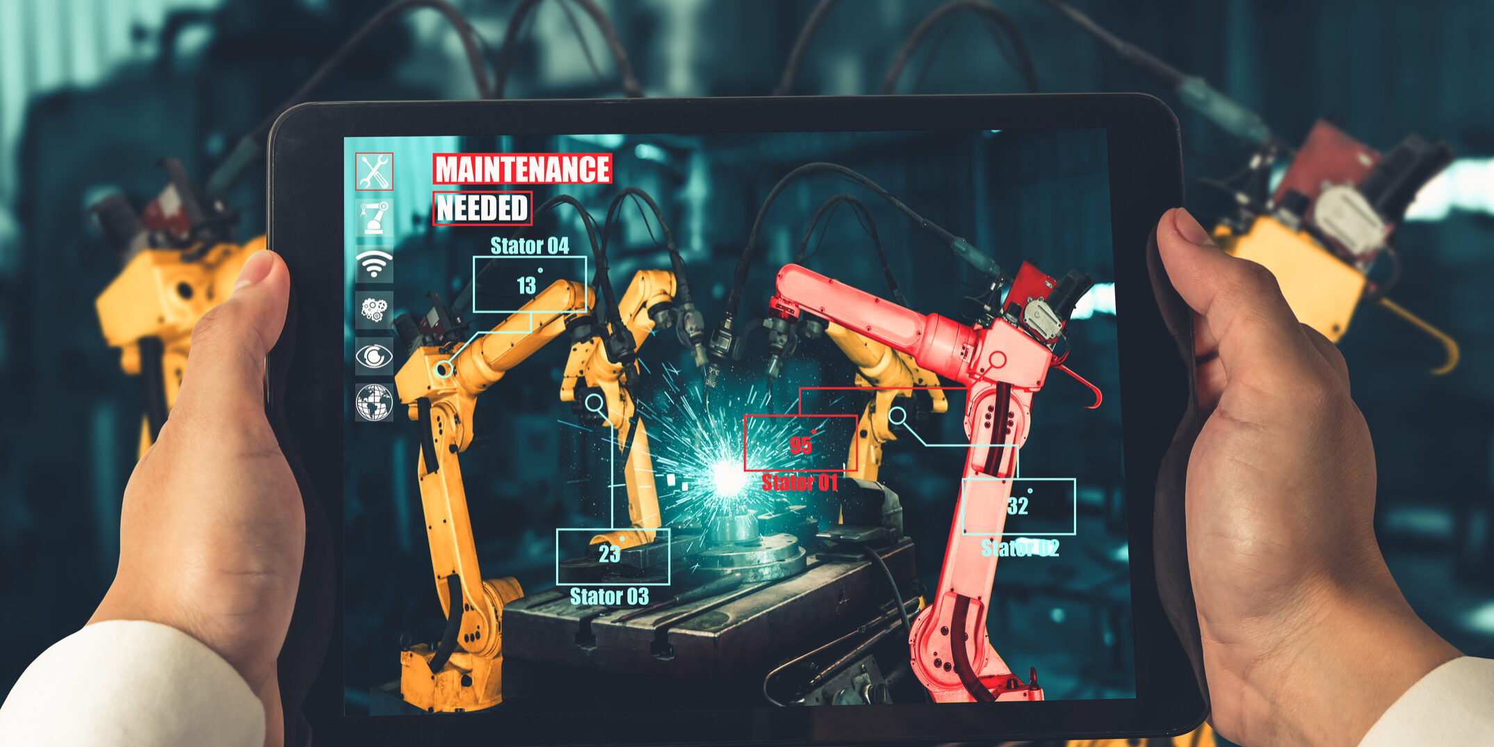 Engineer controls robotic arms by augmented reality industry technology application software. Smart robot machine in future factory working in concept of Industry 4.0 or 4th industrial revolution.